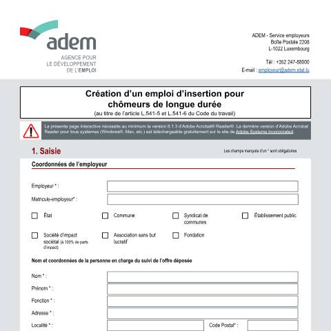 Aperçu du document Création d’un emploi d’insertion pour chômeur de longue durée — Aides, Luxembourg (CERFA n°aide-embauche-chomeurs-duree)