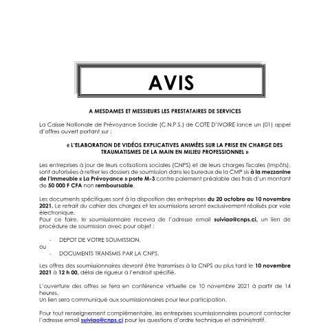Aperçu du document APPEL D’OFFRE SUR L’ELABORATION DE VIDEOS EXPLICATIVES ANIMEES SUR LA PRISE EN CHARGE DES TRAUMATISMES DE LA MAIN EN MILIEU PROFESSINNEL — Document CNPS (prévoyance sociale), Côte d'Ivoire