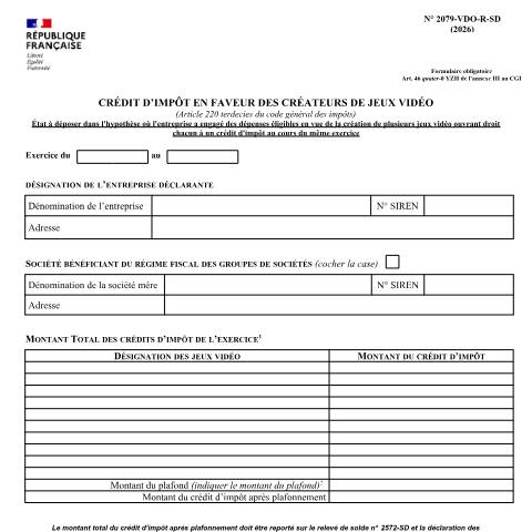Aperçu du document Crédit d'impôt en faveur de la création de plusieurs jeux vidéo au cours de la même année — Professionnels, France (CERFA n°13607*18)