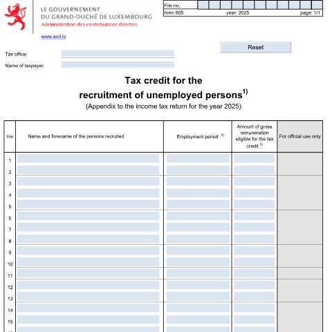 Aperçu du document Appendix: "Tax credit for the recruitment of unemployed persons" — Annexes et bonifications d'impôt, Luxembourg (CERFA n°805 E)