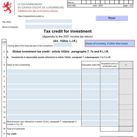 Aperçu du document Appendix: "Tax credit for investment" — Annexes et bonifications d'impôt, Luxembourg (CERFA n°800 E)