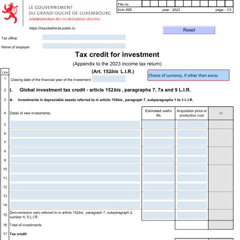Aperçu du document Appendix: "Tax credit for investment" — Annexes et bonifications d'impôt, Luxembourg (CERFA n°800 E)