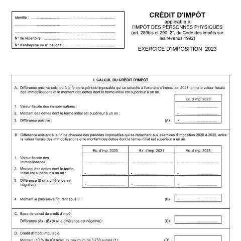 Aperçu du document Crédit d’impôt applicable à l’impôt des personnes physiques — SPF Finances, Belgique (CERFA n°155-276j)