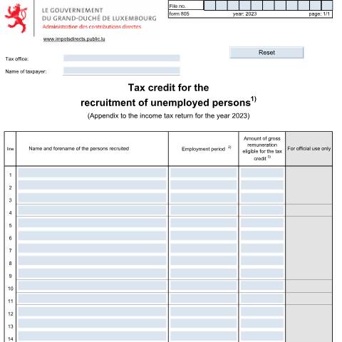 Aperçu du document Appendix: "Tax credit for the recruitment of unemployed persons" — Annexes et bonifications d'impôt, Luxembourg (CERFA n°805 E)