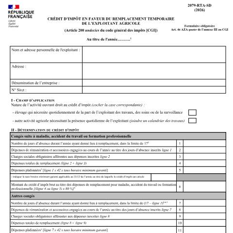 Aperçu du document Crédit d'impôt pour remplacement temporaire de l'exploitant agricole — Professionnels, France (CERFA n°12977*18)