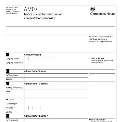 Document preview: Give notice of creditor's decision on administrator's proposals (AM07) — Companies House, United Kingdom
