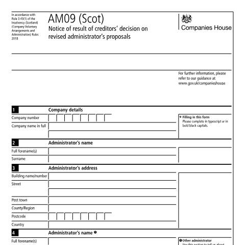 Document preview: Give notice of result of a creditor's decision for a Scottish company: AM09 (Scot) — Companies House, United Kingdom