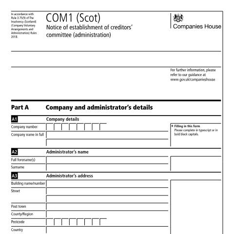 Document preview: Give notice of establishment of creditors’ committee (administration): COM1 (Scot) — Companies House, United Kingdom