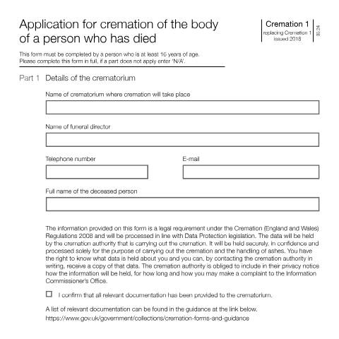 Document preview: Cremation application form for deaths that occurred in England or Wales — Ministry of Justice, United Kingdom