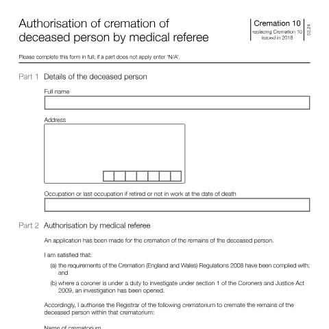 Document preview: Authorisation of cremation of a dead person for deaths that occurred in England or Wales — Ministry of Justice, United Kingdom