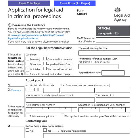Document preview: CRM14: criminal legal aid application form — Legal Aid Agency, United Kingdom