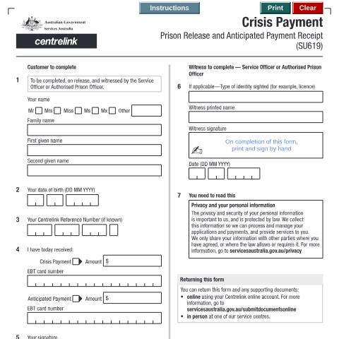 Document preview: Crisis Payment - Prison release and anticipated payment receipt — Services Australia — Individuals (by code), Australia (CERFA n°SU619)