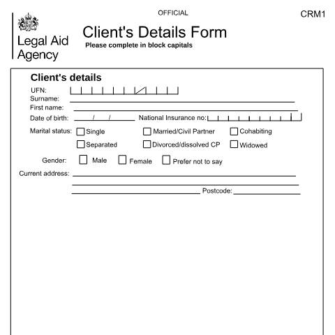Document preview: CRM1: collect client details in legal aid cases — Legal Aid Agency, United Kingdom