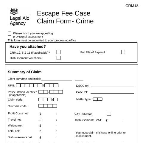 Document preview: CRM18: escape fee case claim form (crime) — Legal Aid Agency, United Kingdom