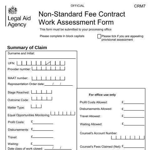 Document preview: CRM7: non-standard fee magistrates' court claim and appeal form — Legal Aid Agency, United Kingdom