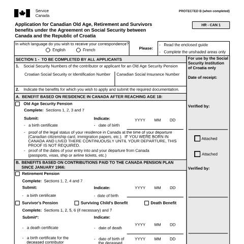 Document preview: Croatia/Canada Agreement - Application for Canadian Old Age, Retirement and Survivors Benefits — Income Security Programs, Canada (CERFA n°ISP5054-HRV)