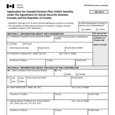 Document preview: Croatia/Canada Agreement - Application for CPP Child's Benefits — Income Security Programs, Canada (CERFA n°ISP5055-HRV)
