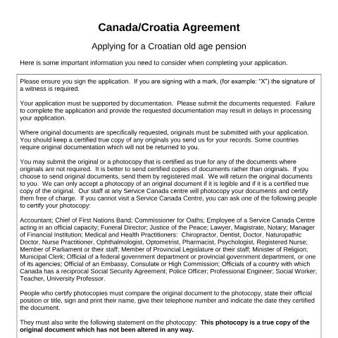 Document preview: Croatia/Canada Agreement - Application for a Croatian old age pension — Income Security Programs, Canada (CERFA n°CAN_HR_1)