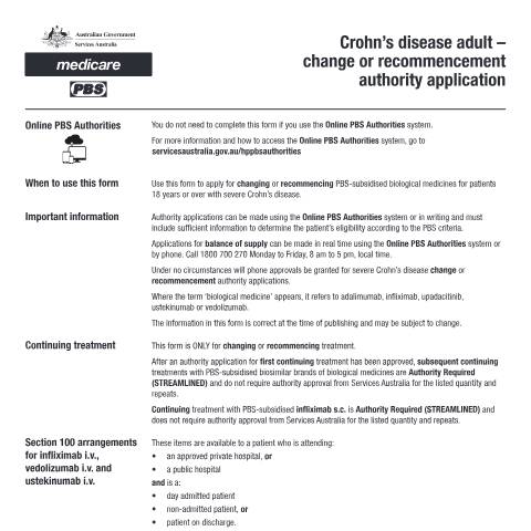 Document preview: Crohn’s disease adult - change or recommencement authority application form (PB235) — Services Australia — Health professionals, Australia (CERFA n°PB235)