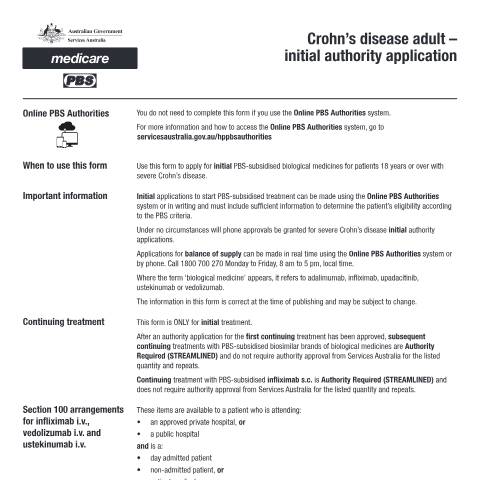 Document preview: Crohn’s disease adult - initial authority application form (PB087) — Services Australia — Health professionals, Australia (CERFA n°PB087)