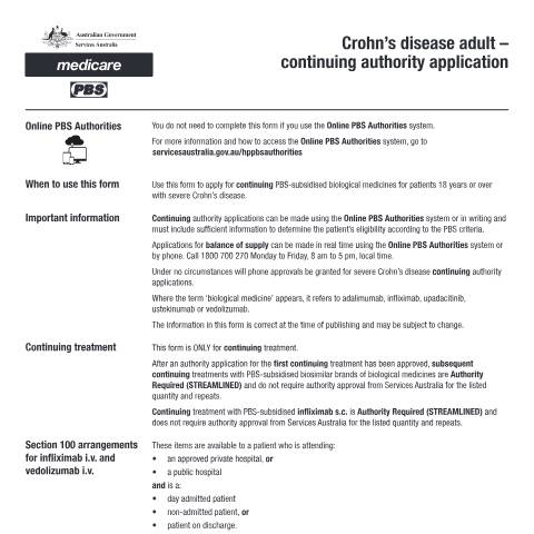 Document preview: Crohn’s disease adult - continuing authority application form (PB088) — Services Australia — Health professionals, Australia (CERFA n°PB088)