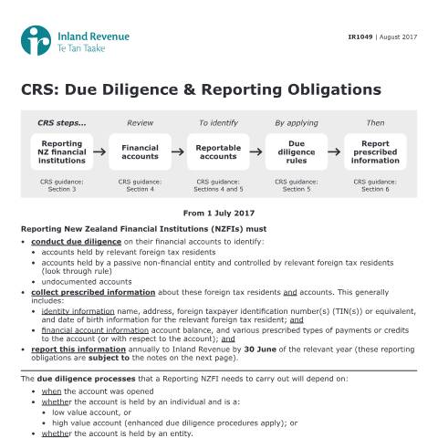 Document preview: CRS: Due diligence and reporting obligations — International, New Zealand (CERFA n°IR1049)