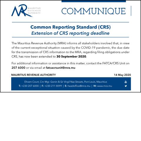 Document preview: Extension of CRS reporting deadline (14.05.20) — Publication, Mauritius (CERFA n°CRS140520)