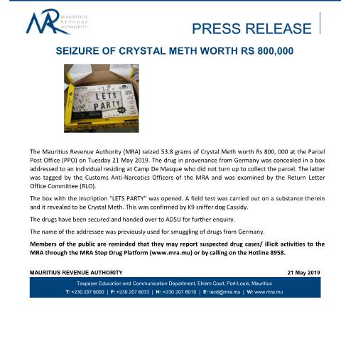Document preview: Seizure of Crystal Meth worth Rs 800, 000 (21.05.19) — Document, Mauritius (CERFA n°PressRelease210519)