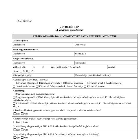 Document preview: 16.2. B betétlap A kérelmező családtagjai HU — OIF_BEVANDORLAS, Magyarország