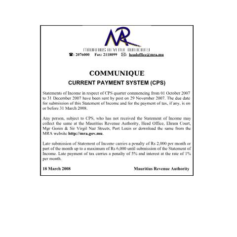 Document preview: Current Payment System (CPS) (18.03.2008) — Notice / Circular, Mauritius (CERFA n°communiqueCPS180308)