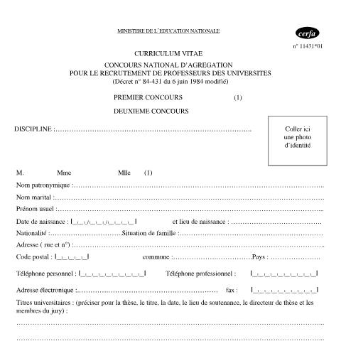 Aperçu du document Curriculum vitae - Concours nationaux d'agrégation pour le recrutement des professeurs des universités — Particuliers, France (CERFA n°11431*01)