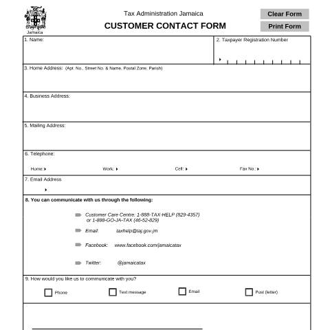 Document preview: Customer Contact Form — Form, Jamaica (CERFA n°cus_contact)
