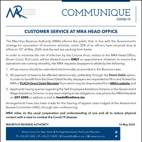Document preview: Customer Service at MRA Head Office (16.05.20) — Document, Mauritius (CERFA n°CustomerService160520)