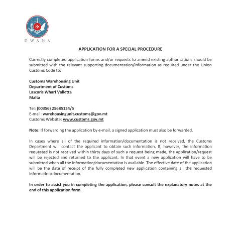 Document preview: Customs and Excise Forms — application-for-a-special-procedure.pdf — customs_excise, Malta (CERFA n°application-for-a-special-procedure)