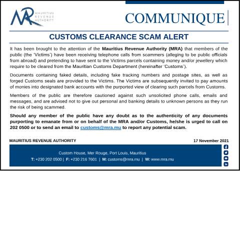 Document preview: Customs Clearance Scam Alert (17.11.21) — Notice / Circular, Mauritius (CERFA n°CommuniqueScam171121)