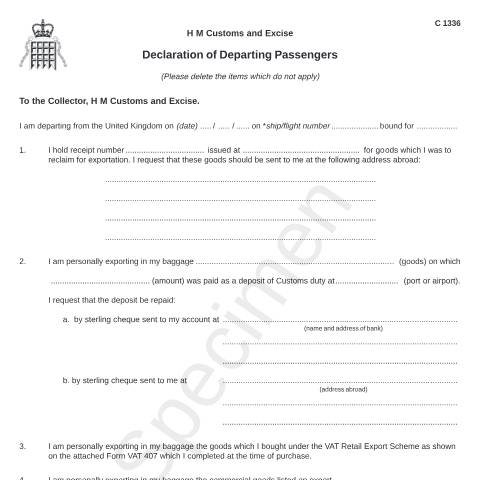 Document preview: Customs declaration for passengers leaving the UK (C1336) — HM Revenue & Customs, United Kingdom