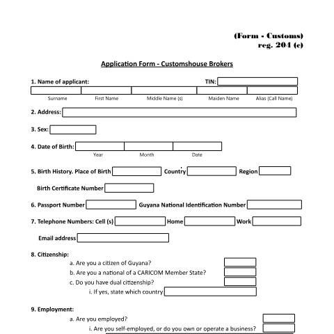Document preview: Application Form Customshouse Brokers — Customs, Guyana