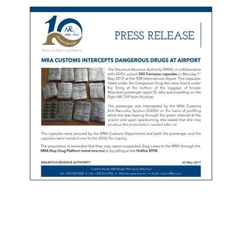 Document preview: MRA Customs intercepts dangerous drugs at Airport (02.05.17) — Document, Mauritius (CERFA n°DrugSeizureP2)
