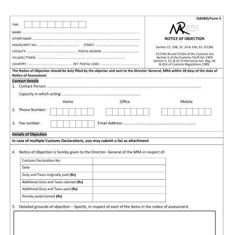 Document preview: Customs - OADR /&nbsp;Form 5 — Form, Mauritius (CERFA n°OADRDForm5)