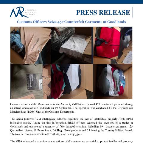 Document preview: Customs Officers seize 457 counterfeit garments at Goodlands (26.09.25) — Document, Mauritius (CERFA n°PRelGrmnts260925)