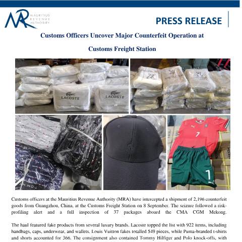 Document preview: Customs Officers uncover Major Counterfeit Operation at Customs Freight Station (12.09.25) — Document, Mauritius (CERFA n°PressRelease120925)