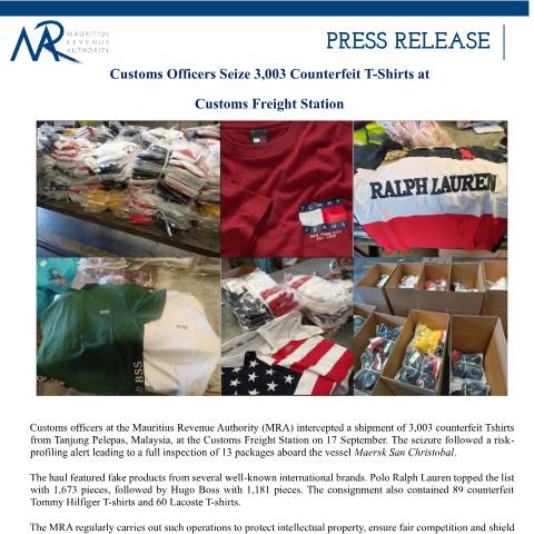 Document preview: Customs Officers seize 3,003 counterfeit T-Shirts at Customs Freight Station (20.09.25) — Document, Mauritius (CERFA n°PressRelease200925)
