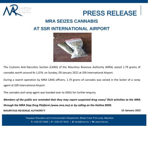 Document preview: MRA seizes cannabis at SSR International Airport (10.01.22) — Document, Mauritius (CERFA n°PressRelease100122)