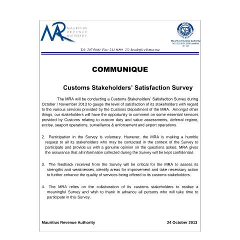 Document preview: Customs Stakeholders' Satisfaction Survey (24.10.13) — Document, Mauritius (CERFA n°CustomsStakeholders)