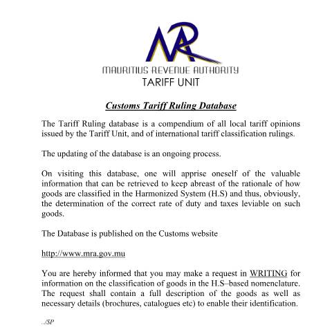 Document preview: Customs Tariff Ruling Database — Reference, Mauritius (CERFA n°TariffDb)
