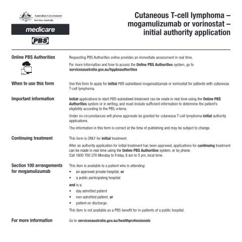 Document preview: Cutaneous T-cell lymphoma - mogamulizumab or vorinostat - initial authority application form (PB216) — Services Australia — Health professionals, Australia (CERFA n°PB216)