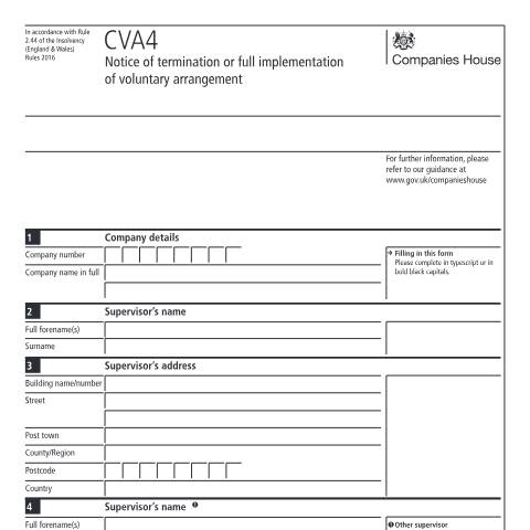 Document preview: Give notice of termination or full implementation of voluntary arrangement (CVA4) — Companies House, United Kingdom