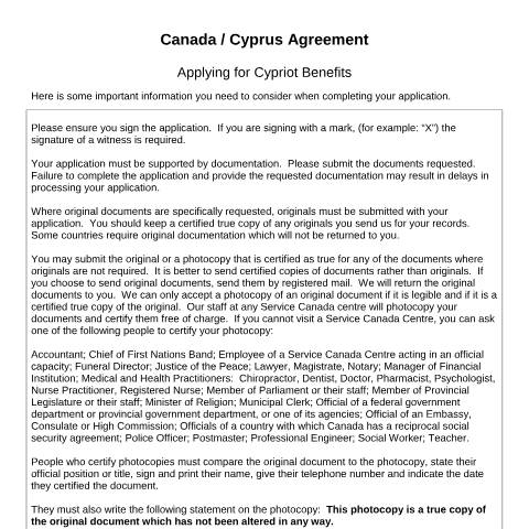 Document preview: Cyprus/Canada Agreement - Application for Cypriot Benefits — Income Security Programs, Canada (CERFA n°CY_CDN_1)