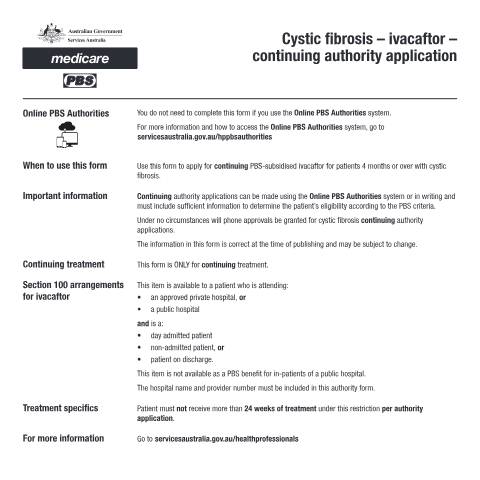 Document preview: Cystic fibrosis - ivacaftor - continuing authority application form (PB126) — Services Australia — Health professionals, Australia (CERFA n°PB126)