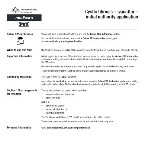 Document preview: Cystic fibrosis - ivacaftor - initial authority application form (PB120) — Services Australia — Health professionals, Australia (CERFA n°PB120)